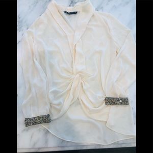 ZARA TWISTED FRONT CREAM BLOUSE WITH JEWELED CUFFS-Size S